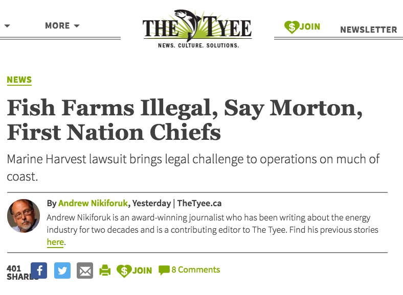 A screen grab from the Tyee featuring the article entitled "Fish Farms illegal, say Morton, First Nation Chiefs"