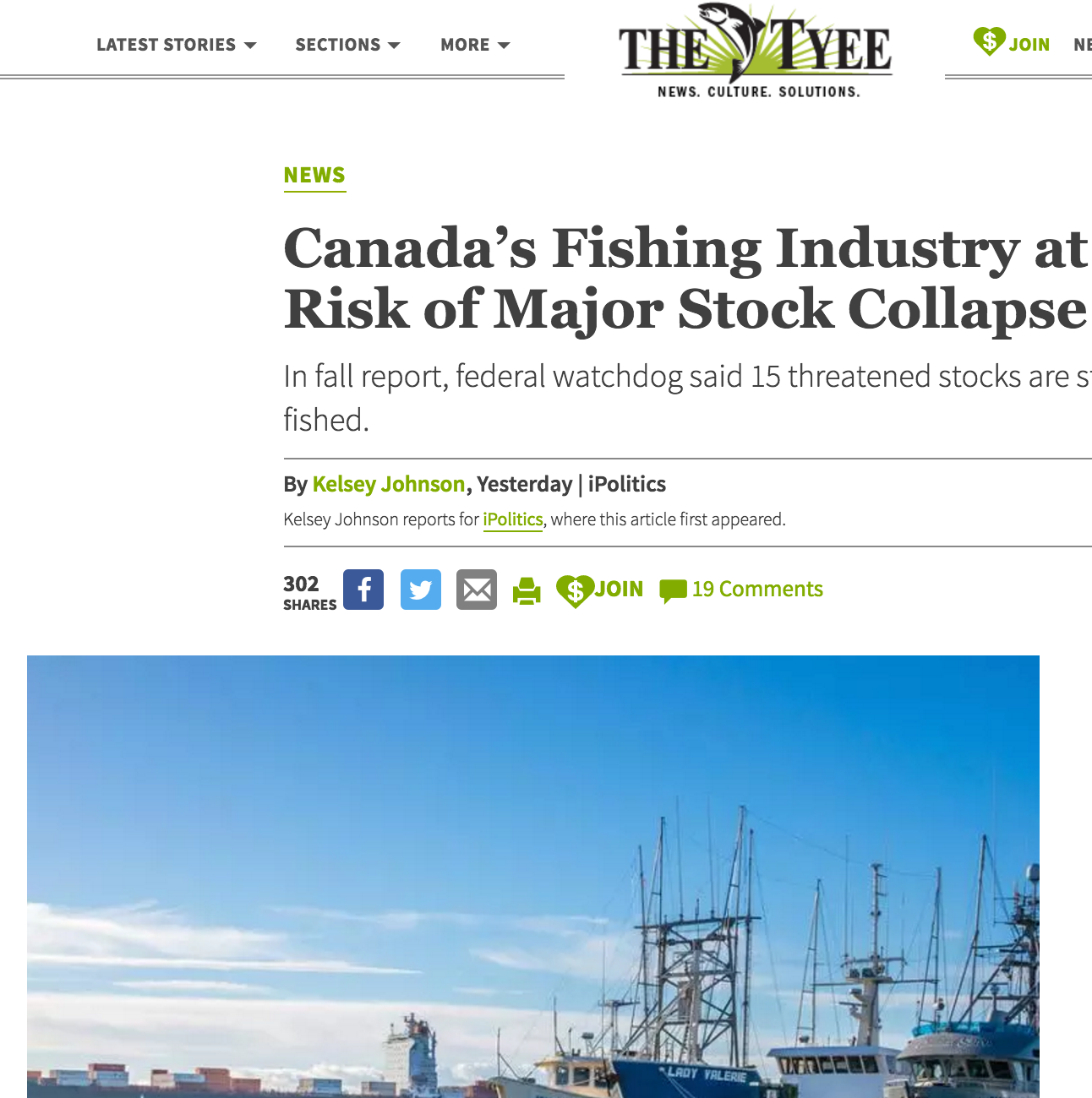 The Tyee headline: Canada's Fishing Industry at Risk of Major Stock Collapse