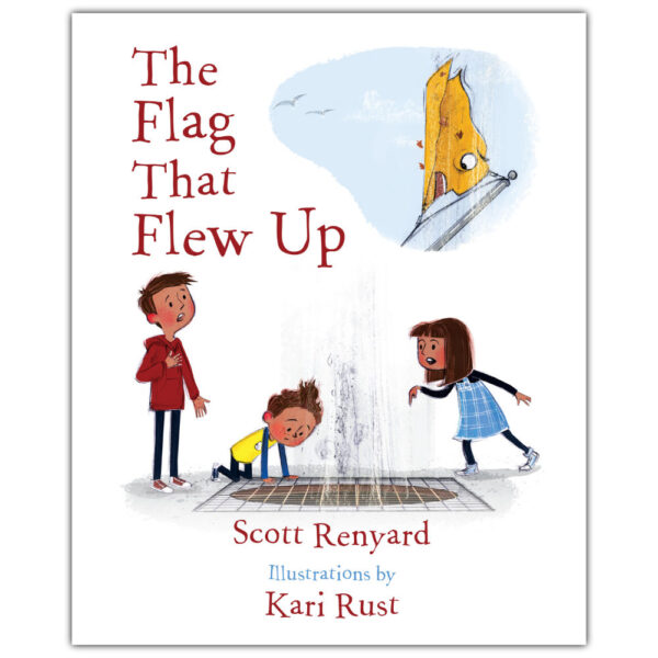 cover for the book The Flag that Flew up featuring three animated children and a flag flying up