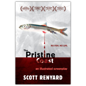 cover for the book, The Pristine Coast - an illustrated screenplay featuring a herring dripping blood.